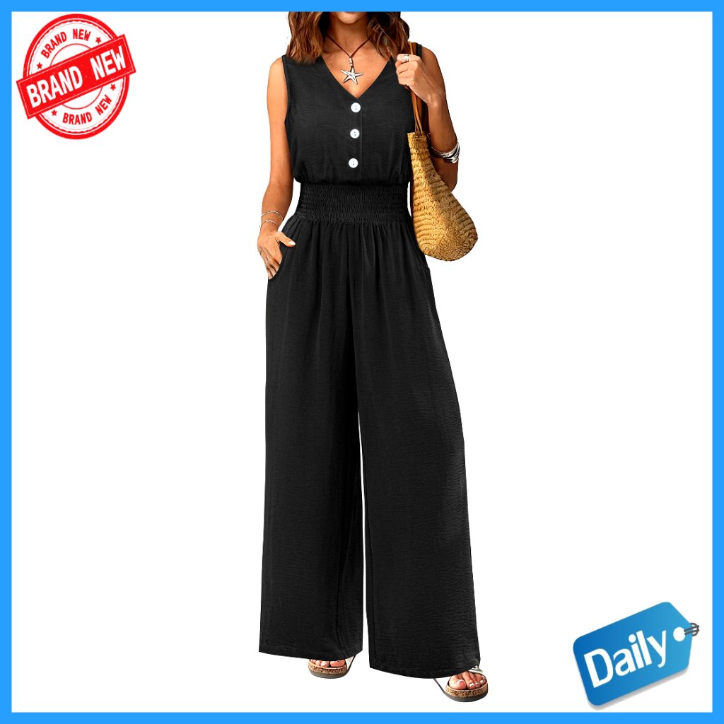 Large Sleeveless V-Neck Wide Leg Jumpsuit Polyester Summer Casual